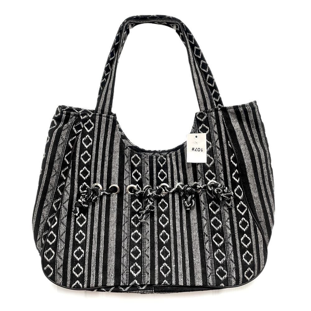 Ethnic Igorot Woven Boho Tote Shoulder Handbag Zipped  Black/White